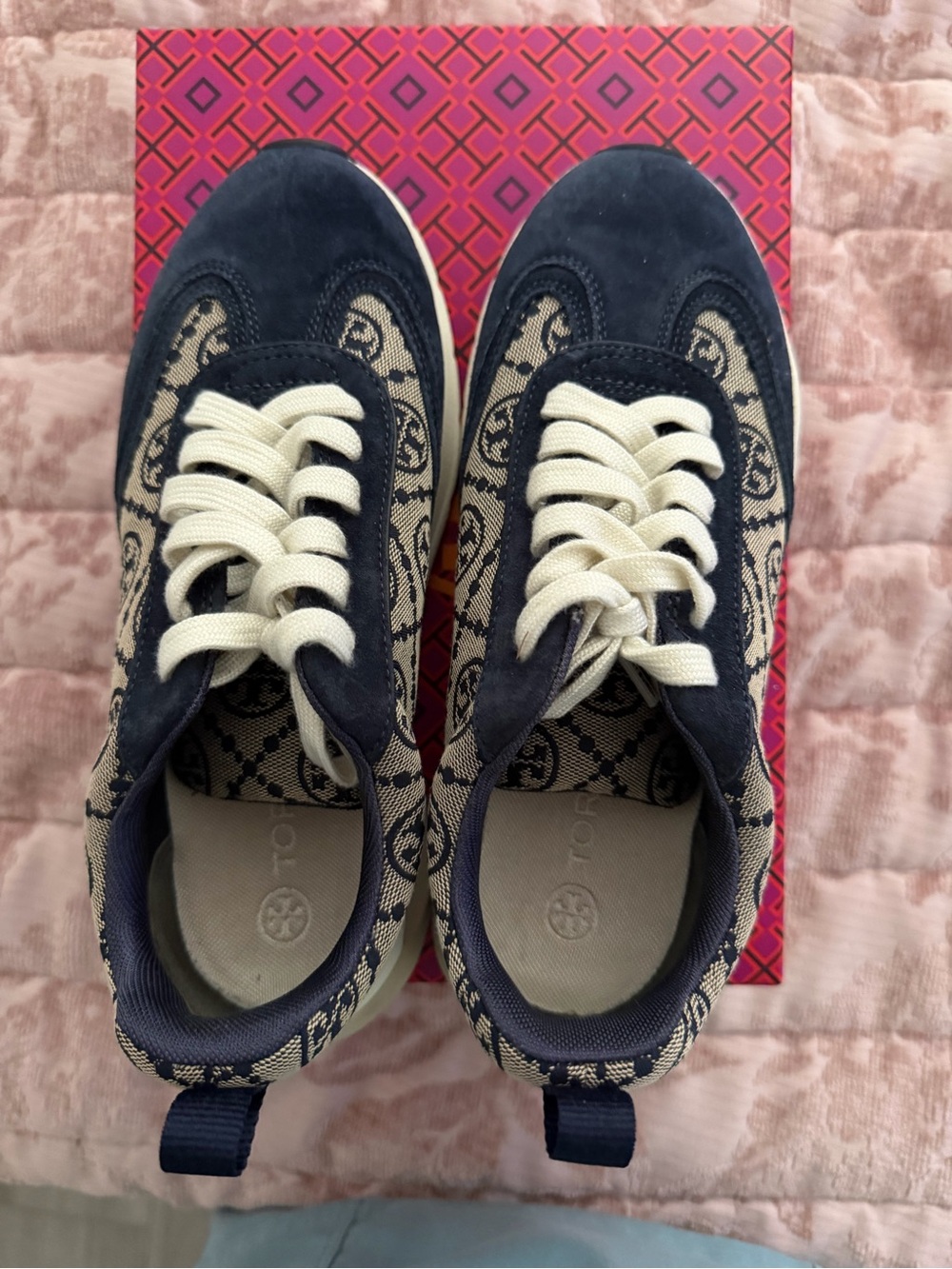 Tory Burch Navy Monogram Trainer with Cream Accents